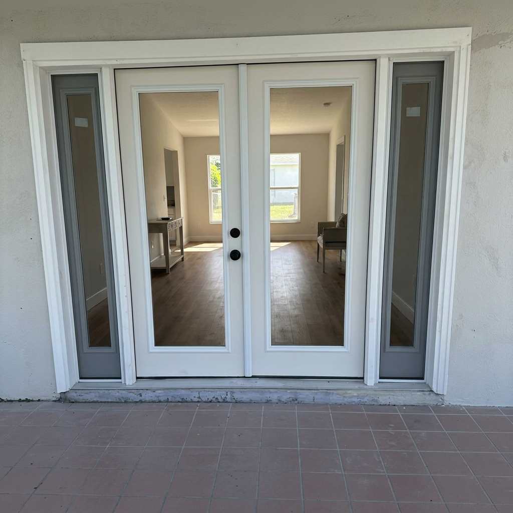 New white double French doors with sidelights, trim casing, and hardware